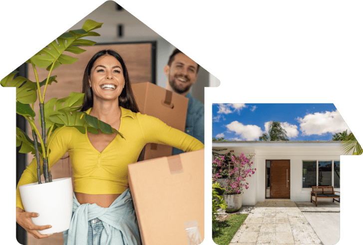 Happy new homeowners moving into their house with smiles and boxes